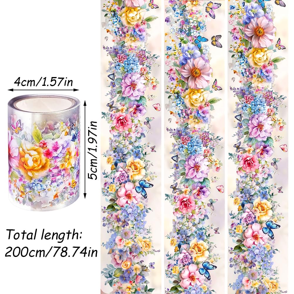 1 Roll Colorful Floral Washi Tape for Scrapbooking Scrap Booking Supples Kit Cute Butterfly Tapes Sticker Spring Flower Washi Tapes Transparent PET Tape Stickers for Journaling Junk Journal supplies