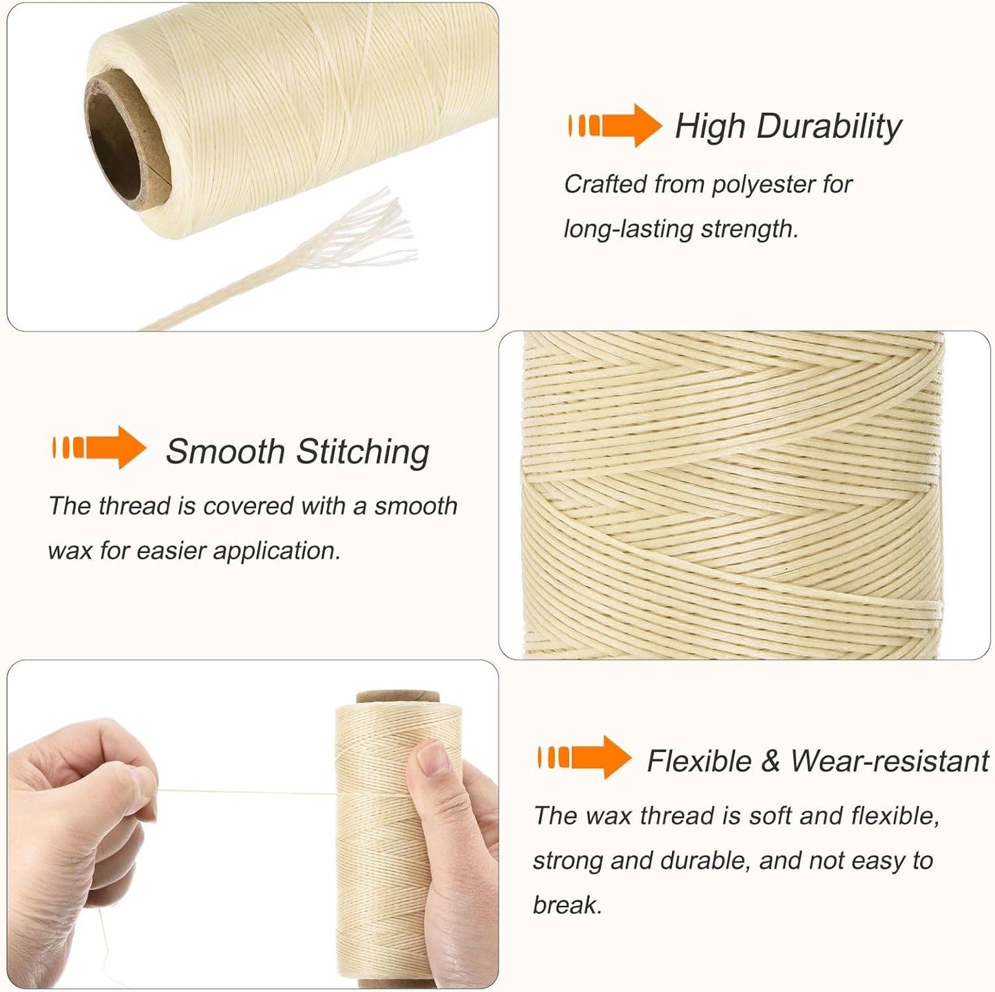 MECCANIXITY Waxed Thread,197 Yard 1mm 210D Flat Wax Thread Polyester Waxed String for Leather Sewing Hand Weaving Book Binding Home Decoration,Beige