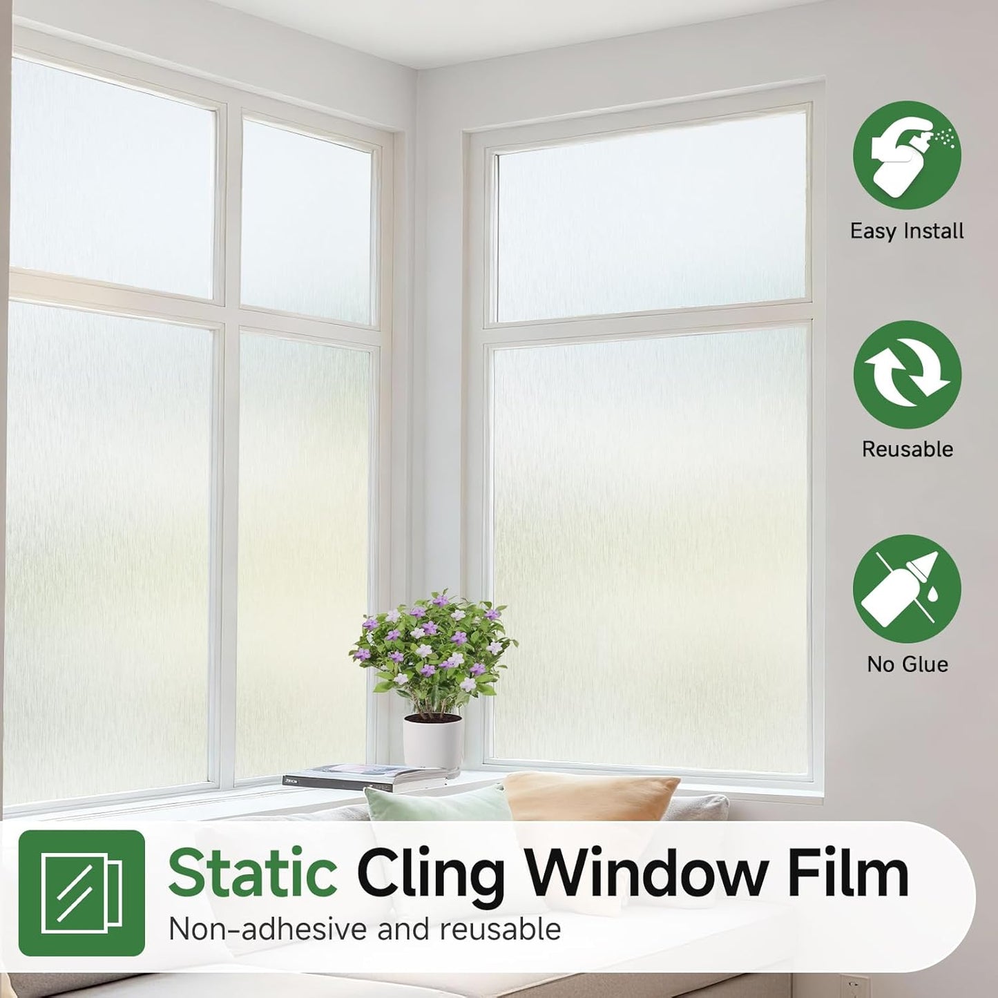 Borsky Frosted Glass Window Film - Static Cling, 96% UV Blocking Non-Adhesive Privacy Window Film, Removable Window Cling with Day & Night Privacy for Bathroom Home Office, 23.6 x 118.1 Inches, Pure