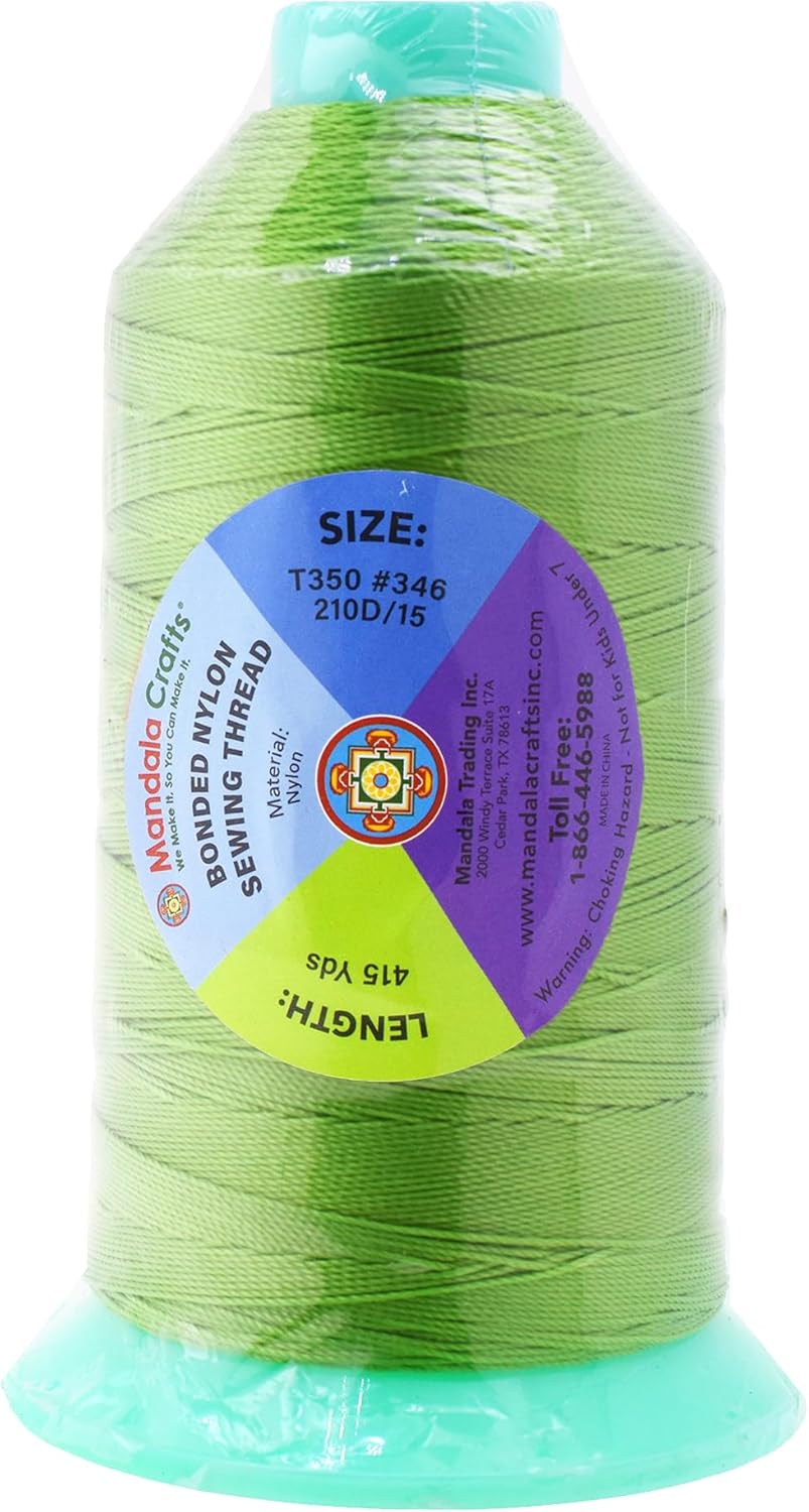 Mandala Crafts Bonded Nylon Thread Apple Green Heavy Duty Sewing Threads - 415 YDs Size 346 210D T350 Tex 350 Thread for Leather Jeans Weaving Outdoor Marine Upholstery Threads