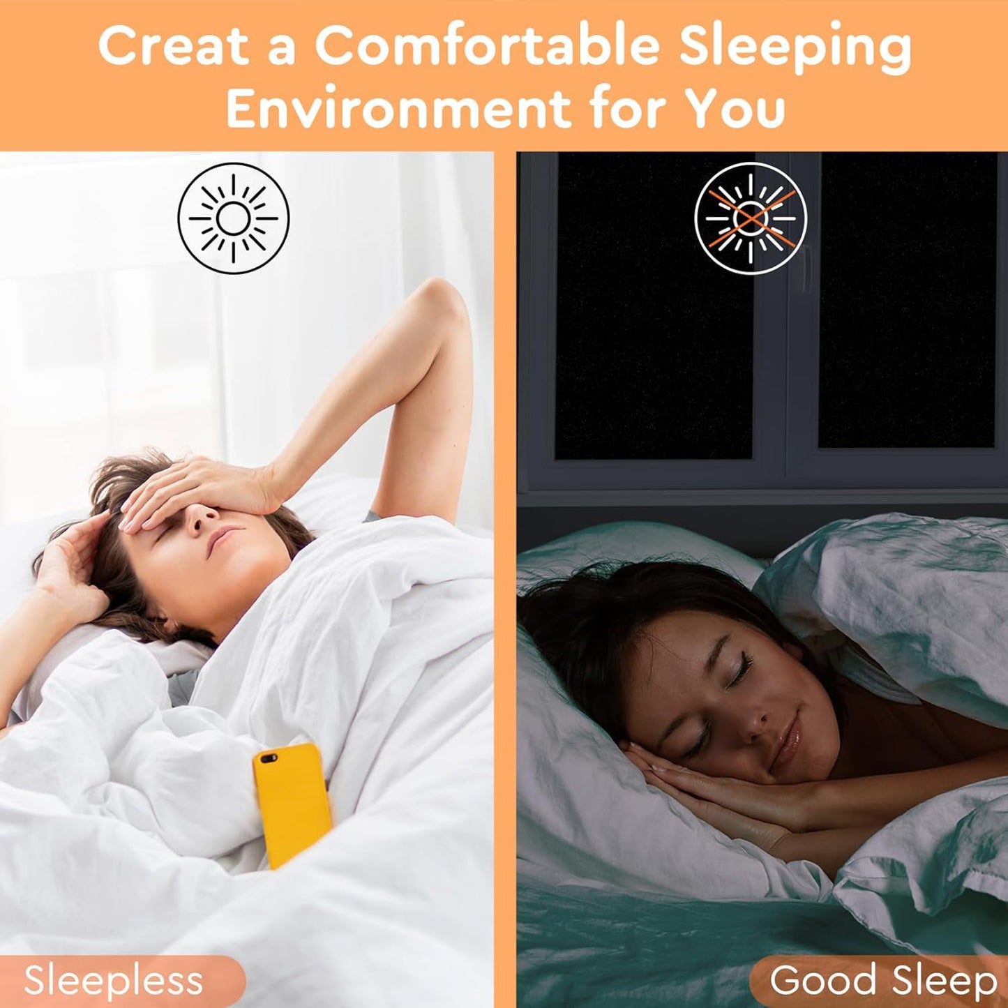 Kromapolis Blackout Window Privacy Film Total Light Blocking Room Darkening Window Covering, Removable Static Cling Frosted Glass Tint, Non-Adhesive, Black 17.5'' x 118.1''