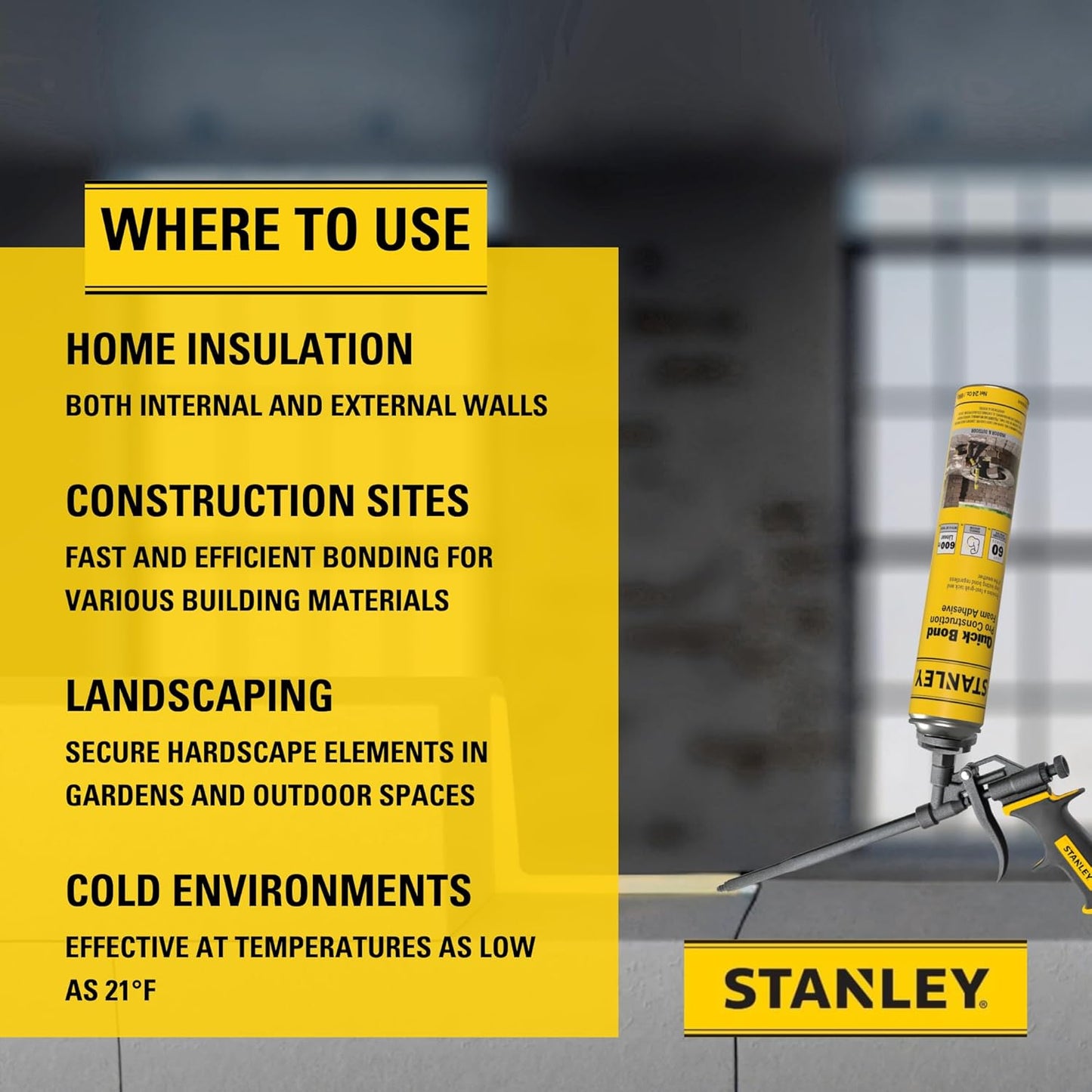 Stanley Quick Bond Adhesive Foam - 12x24oz, Reliable Bond Adhesive for Various Materials, Strong bonding, No Mixing, Gun Use, Gun NOT Included | 12 Pack