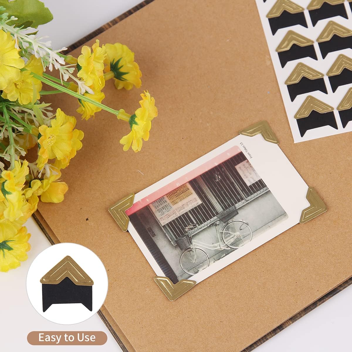 GOONAVI 15 Sheets 360 Pcs Gold On Black Acid-Free Photo Corners Mounting Self Adhesive for DIY Photo Album Journal