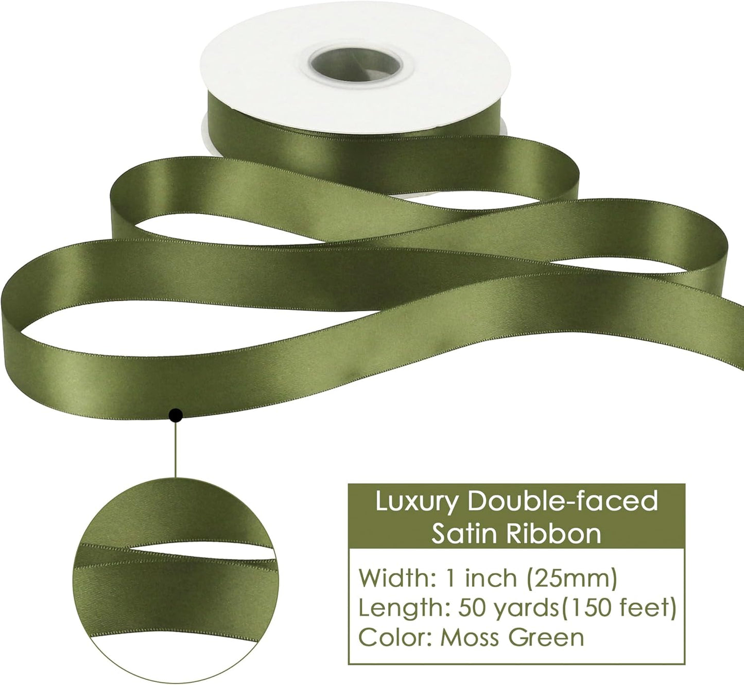HUIHUANG Satin Ribbon 1 inch Moss Green Ribbon 50 Yards Double Face Silk Satin Ribbons for Crafts Christmas Tree Decor Gift Wrapping Bows Bridal Floral Bouquet Wedding Invitation Card Party Decor