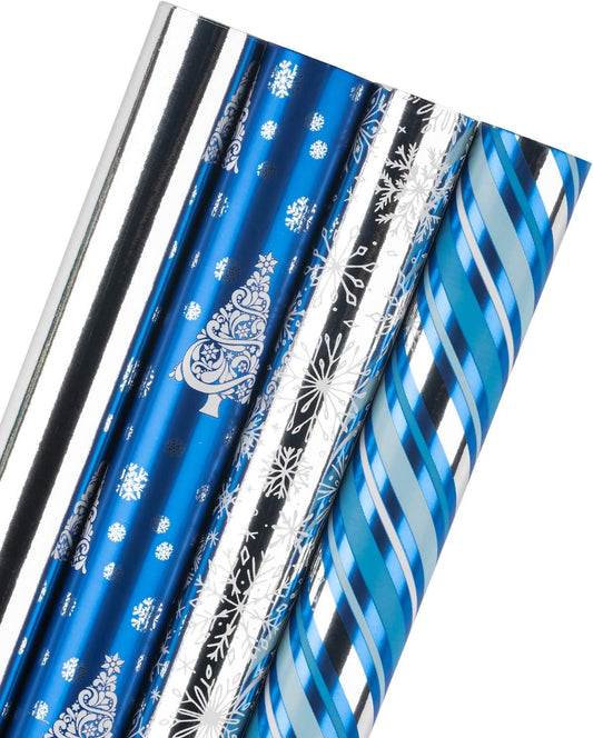 WRAPAHOLIC 30 Inch Christmas Wrapping Paper Roll - Jumbo Roll Blue and Silver Snowflake and Stripe Set with Metallic Foil Shine - 4 Rolls - 30 Inch x 120 Inch Per Roll