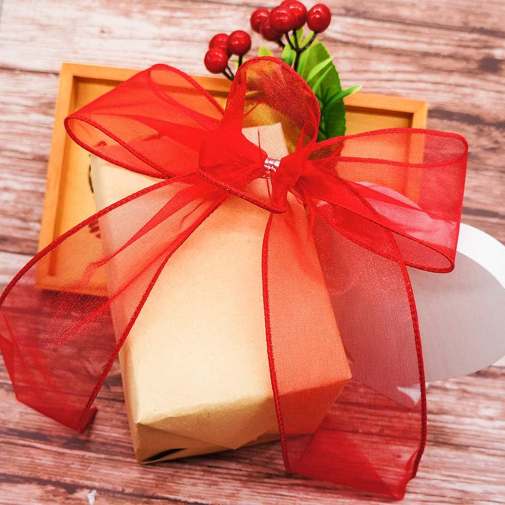 CT CRAFT LLC Sheer Organza Wired Ribbon 2.5" x 50Yards Red for Wedding Chair Bow Flora Bouquet Gift Wrapping Christmas Tree Home Decor Wreath