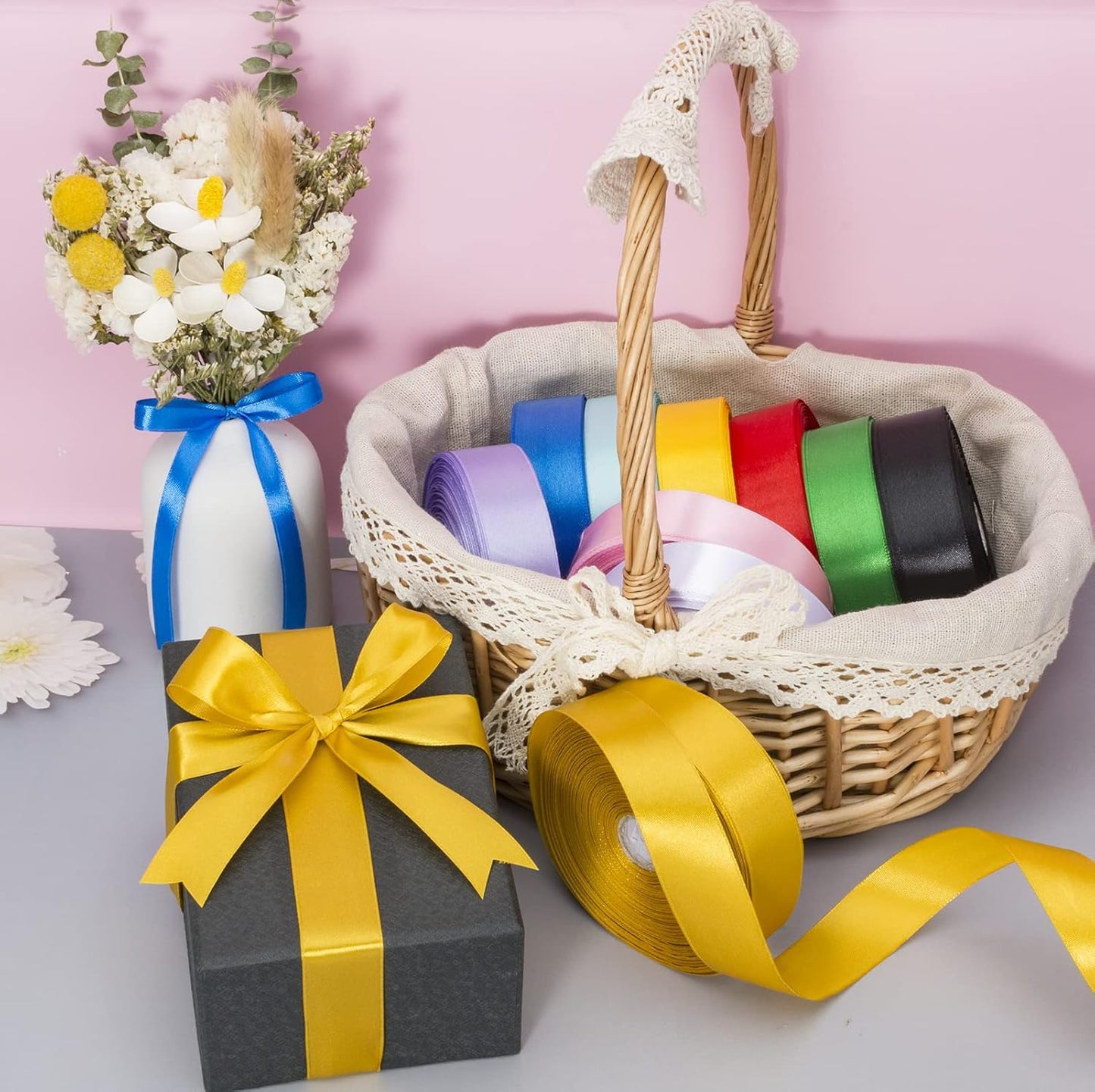 1 Inch Gold Solid Satin Ribbon, 50 Yards Craft Fabric Ribbon for Gift Wrapping Floral Bouquets Wedding Party Decoration