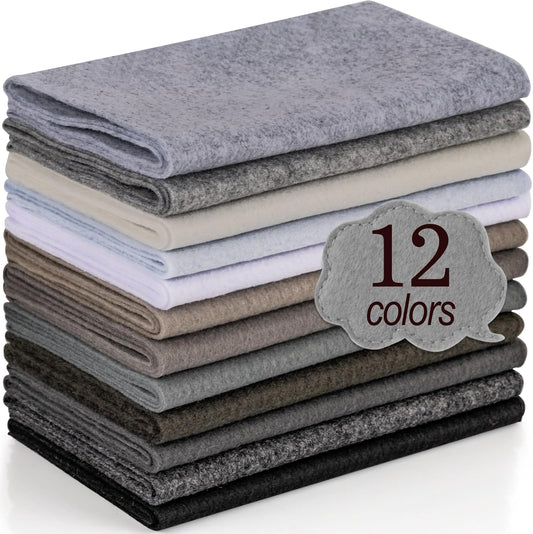 XSEINO 12 Rolls 8"x35"(20.5x90cm) 1.4mm Thick Soft Felt Fabric Sheet 12 Assorted Black White Gray Series Colors Felt Pack for DIY Craft Sewing Squares Nonwoven Patchwork
