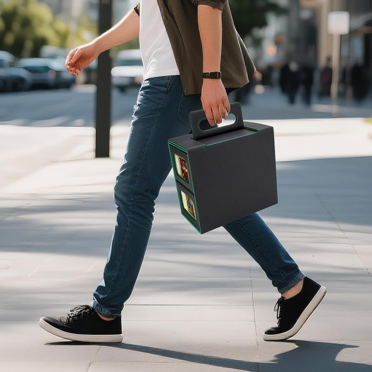 AFIING Commander Deck Box for MTG/EDH, Fits 400+ Double-Sleeved Cards, with Display Window, 4 Removable Deck Cases, Dividers, Dice Tray & Handle, Card Holders for TCG (Black Green)
