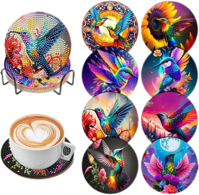 8 Pcs Humming Bird Diamond Painting Kits | Diamond Painting Kits with Holder | Diamond Art Coasters for Beginners Adults - Perfect Art Craft Supplies Gift!… (Humming Bird)