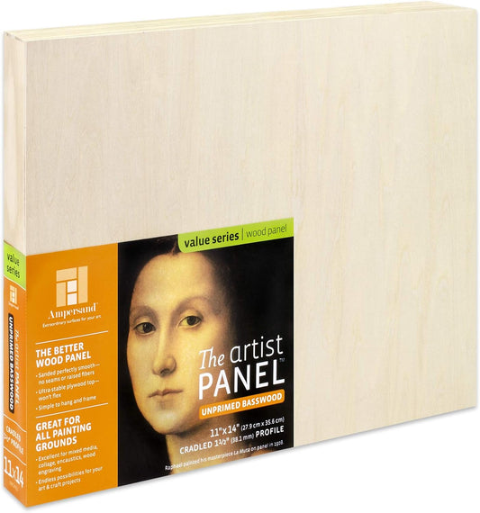 Ampersand Art Supply Unprimed Basswood Artist Panel, 1-1/2" Cradled Profile 11"x14"