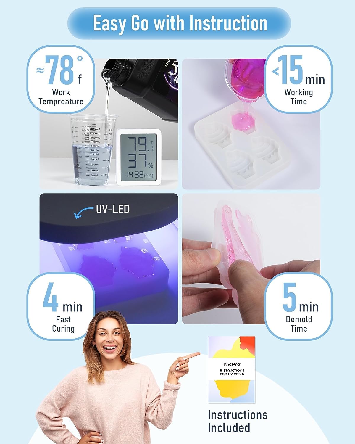 Nicpro UV Resin Kit 2000g, Large Crystal Clear UV Cure Epoxy Resin Supplies, Low Odor & Quick Curing Transparent Solar Activated Glue for Jewelry Making, Handmade DIY Craft, Coating and Casting