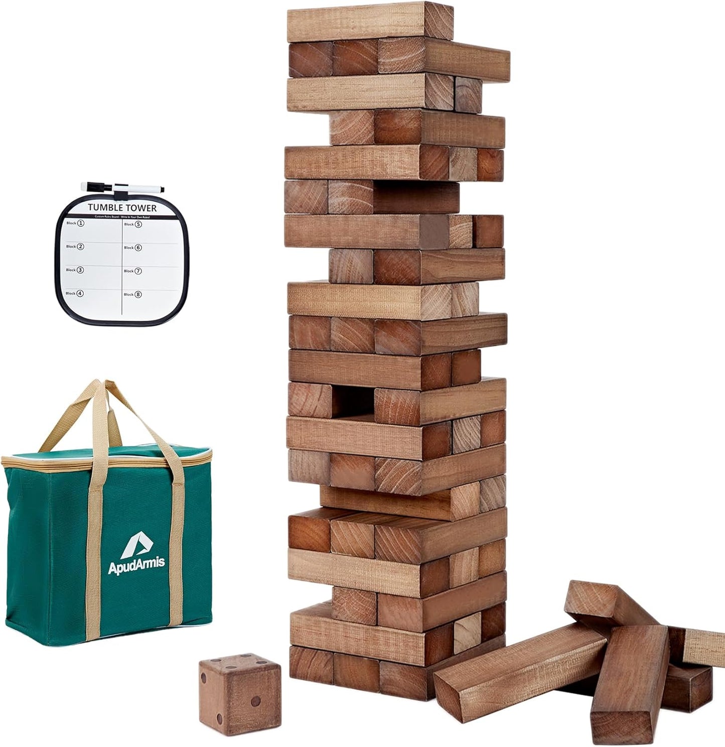 ApudArmis 54 PCS Tumble Timber Set Up to 3.2FT, Pine Wooden Tumble Tower Game with Dice and Scoreboard Set - Classic Block Stacking Board Game for Adults Teenagers (Brown)