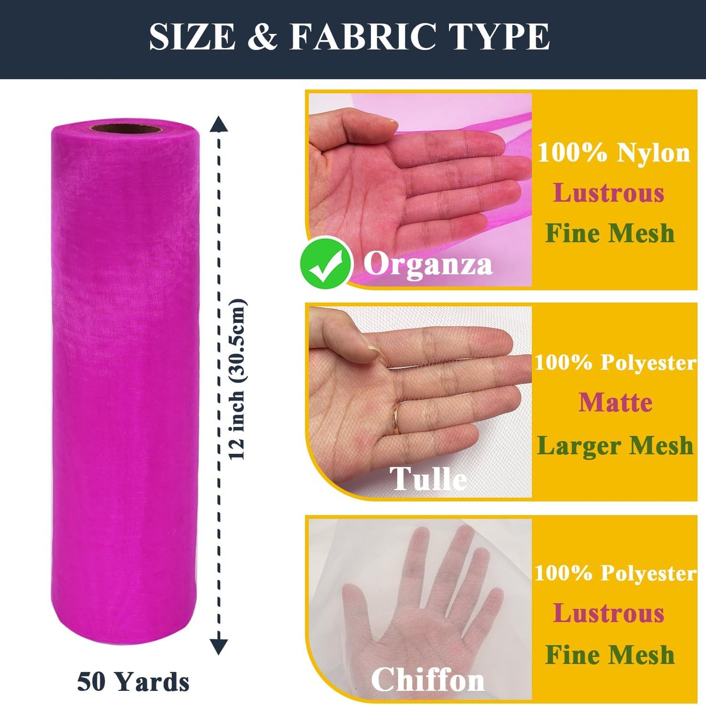 Fuchsia Organza Tulle Fabric Rolls, Crystal Organza 12" by 50 Yards (150 ft) Sheer Nylon Silky Shiny Netting Spool Bolt for DIY Craft Table Runner Wedding Baby Shower Party Decor (Fuchsia)