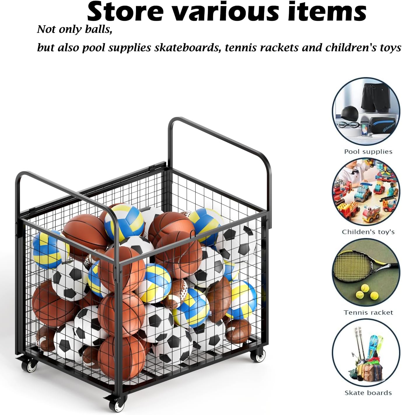 Ball Storage - 22.83" Basketball Cart With Wheels Garage Volleyball Storage Sport Equipment Holder Organizer For Indoor Outdoor,Metal Storage Rack For Playgroup,Gym And School