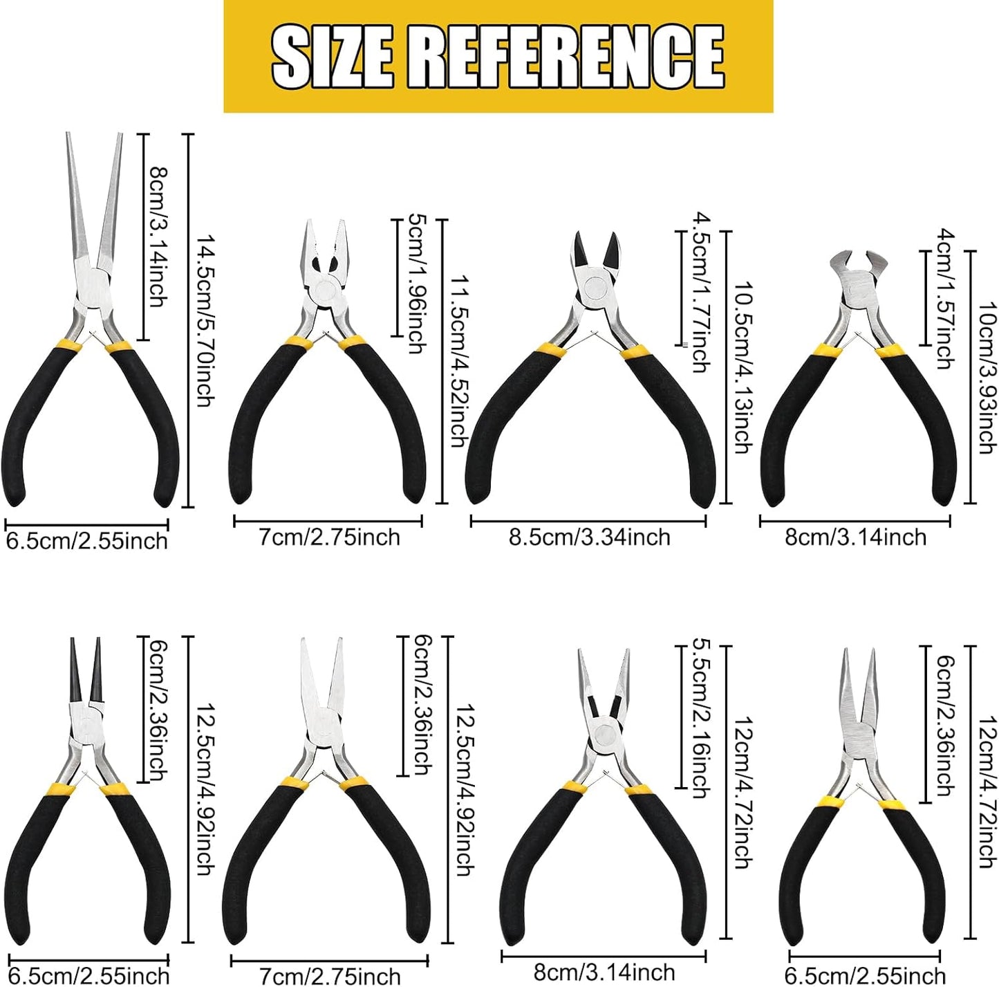 8pc 4.5" Mini Pliers Set - Long, Diagonal, End Cutting, Bent, Combination, Flat, Needle, Round Nose Pliers for Jewelry Making