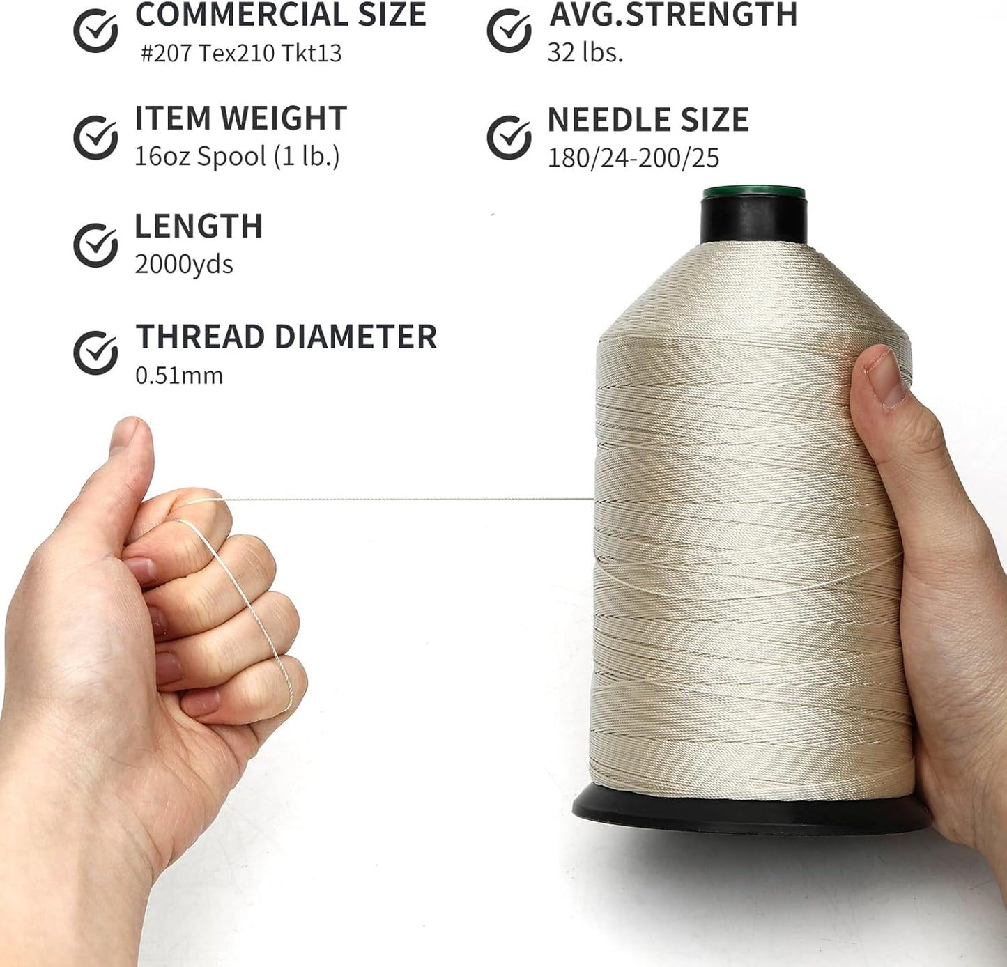 Extra Strong Bonded Nylon Thread #207 Tex210 – 16 OZ, 2000yds, Versatile Stitching Solution for Leather, Upholstery, Canvas Repair and More (Beige)