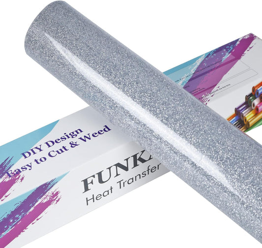 FUNKAKA Glitter Silver HTV Heat Transfer Vinyl Rolls, 12" x 8ft PU Iron on Vinyl for T-Shirt Silver Glitter HTV Vinyl for All Cutter Machines Easy to Cut & Weed for Heat Vinyl Design
