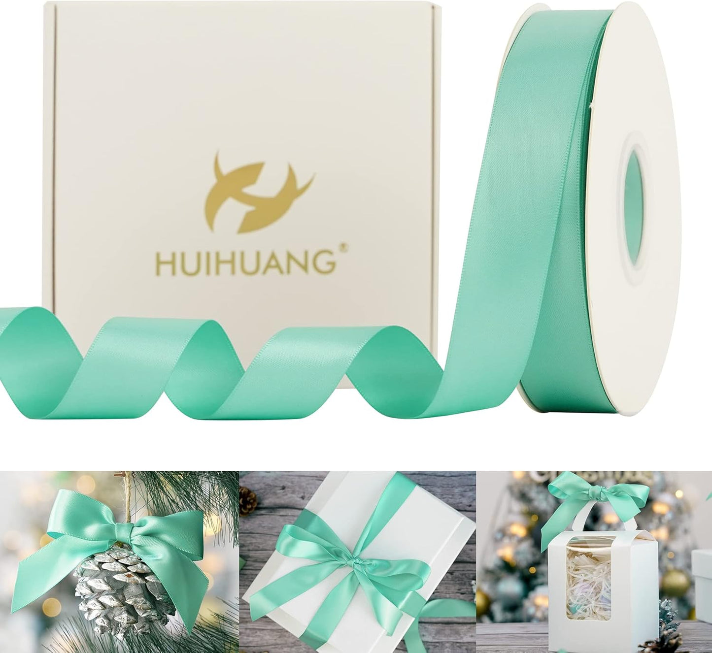 HUIHUANG Satin Ribbon 1 inch Aqua Blue Ribbon 50 Yards Aqua Blue Double Face Silk Satin Ribbons for Crafts Christmas Tree Decor Gift Wrapping Bows Bridal Floral Bouquet Wedding Baby Shower Decor