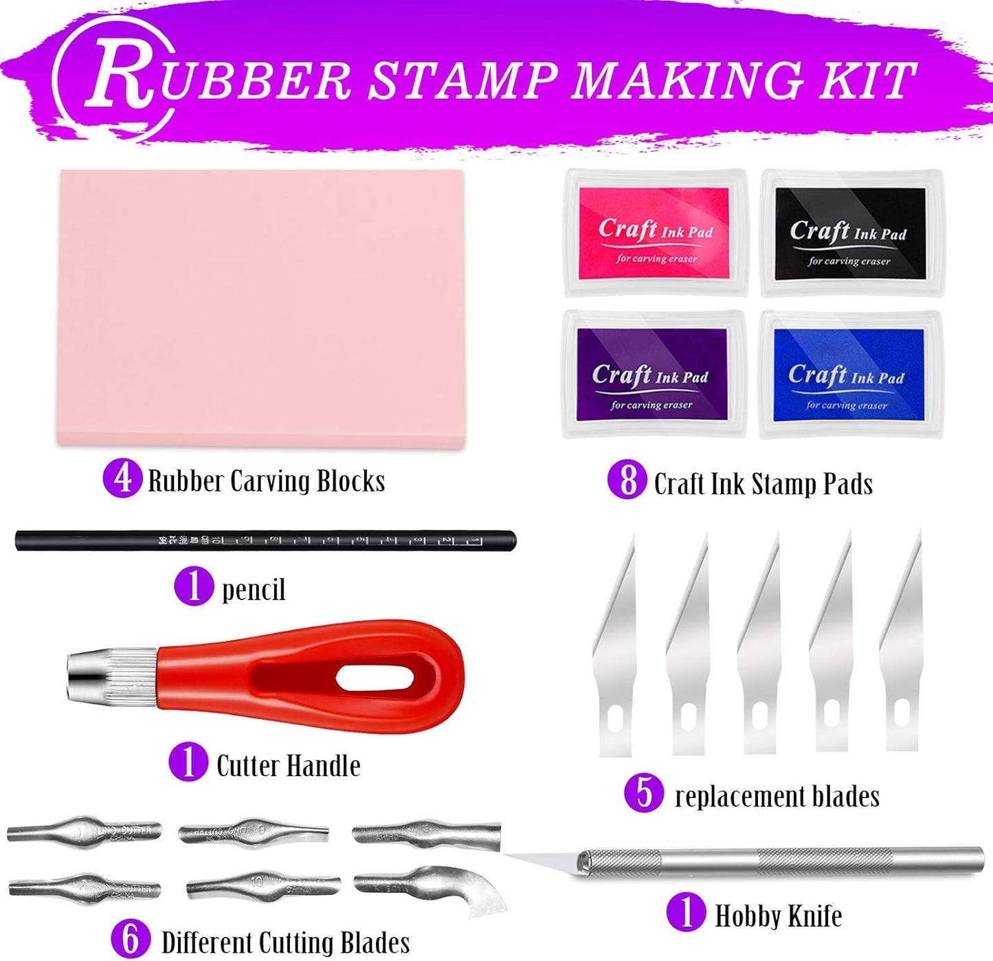 WAYCOM 18 Pcs Rubber Stamp Making Kit, Linoleum Cutter Set, Craft Ink Pad, Hobby Knife, Pencil for DIY Stamp Carving Craft