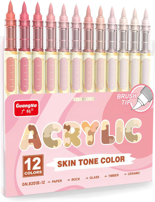 Guangna 12 Pink Skin Series Acrylic Paint Markers Set, Brush Tip Acrylic Paint Pens for Rock Painting, Wood, Glass, Paper, Coloring Book, Ceramic, Canvas, DIY Crafts, Water-Based Ink