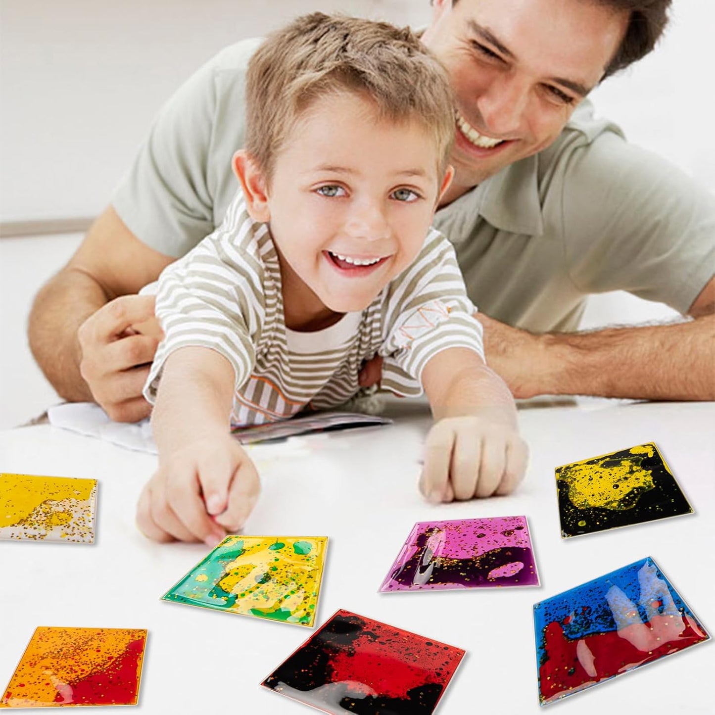 Art3d 6”x6” Square Sensory Fidget Liquid Motion Tiles for Kids, Toddler, Teens - Interactive Soft Gel Liquid Play Mats for Home, Schools, Playrooms, Multi-Pack of 3 Tiles