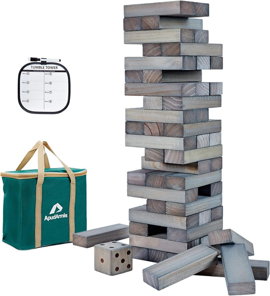 ApudArmis 60 PCS Giant Tumble Tower Stack to 5Ft, Pine Wooden Stacking Timber Game with 1 Dice Set - Classic Block Giant Outdoor Game for Teens Adults Family (Gray)