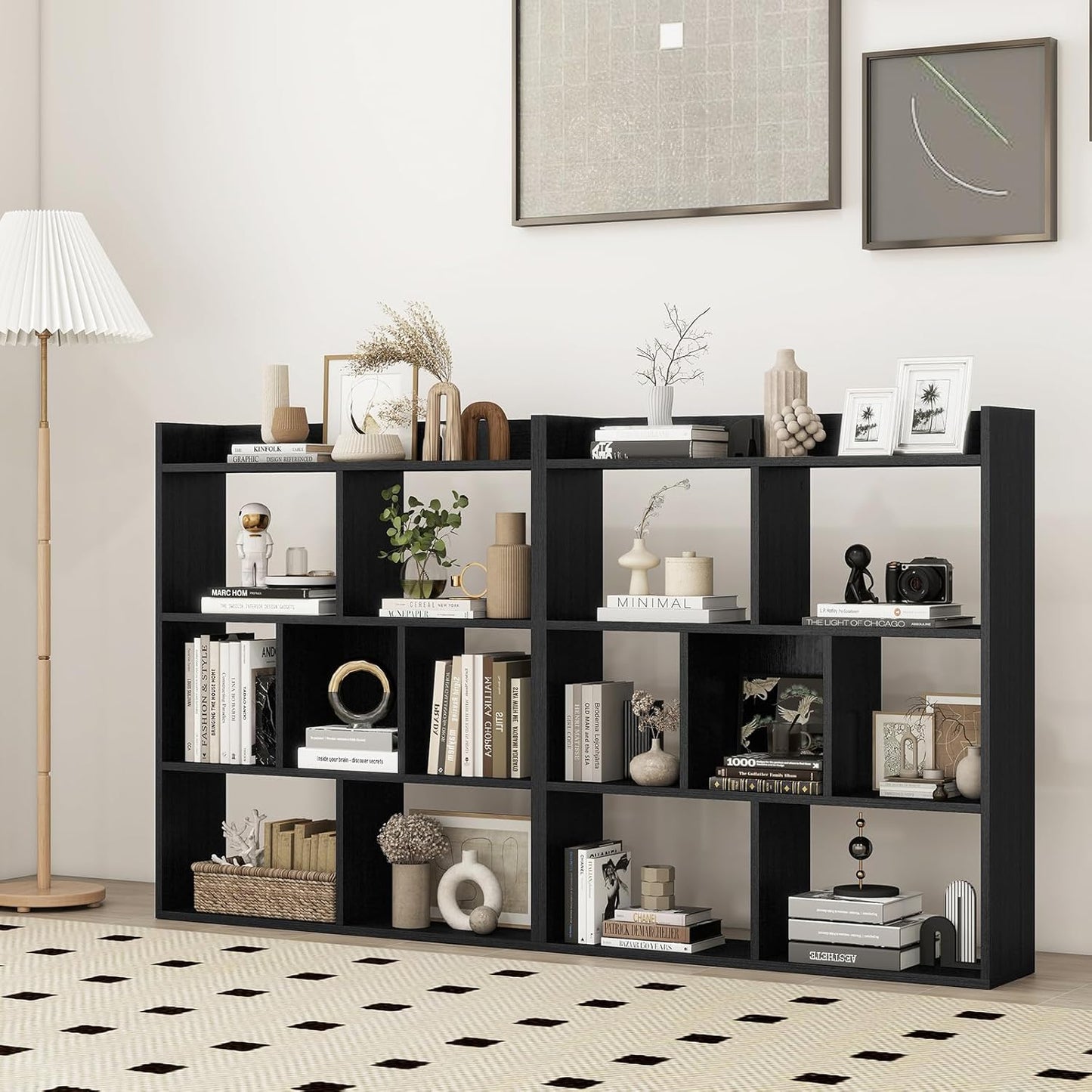 Giantex 7 Cubes Bookshelf, Free-Standing Wooden Bookcase, 4 Tier Home Display Shelf, Horizontal Storage Unit w/Anti-Toppling Devices, Open-Back Display Rack for Study, Living Room (2, Black)