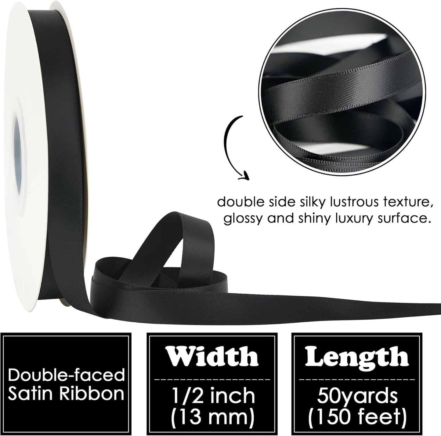 HUIHUANG Black Satin Ribbon 1/2 inch X 50 Yards Continuous, Black Double-Faced Satin Ribbon for Gift Wrapping, Bows, DIY Crafts, Flower Bouquet, Christmas Holiday Decor, Hair Bows