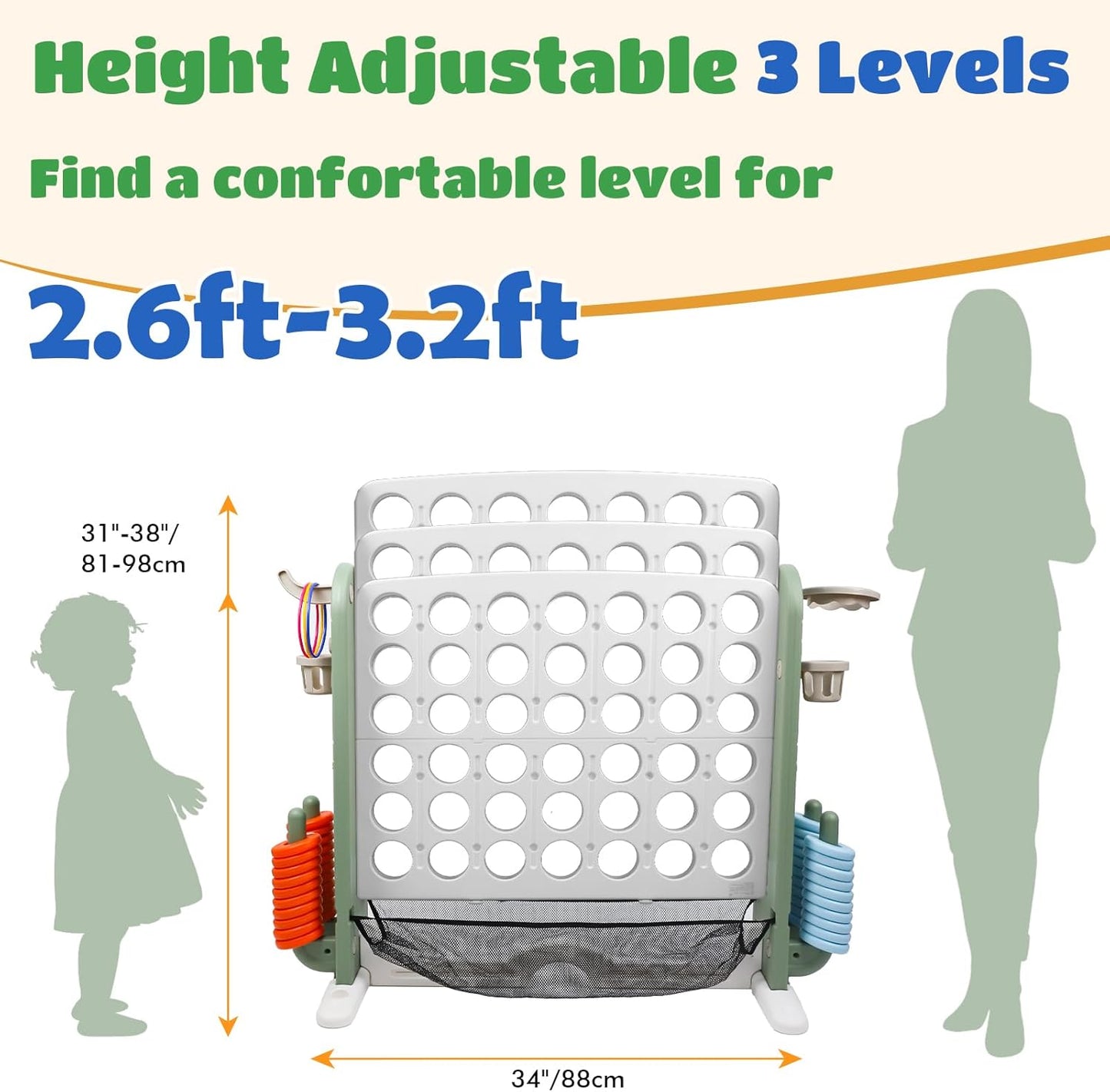 Ancaixin Giant 4 in-A-Row Connect Game Set, Adjustable Height Jumbo Yard Game with Basketball Hoop, Golf, Mesh Pocket & Ring Toss, Indoor Outdoor Family Backyard Party Game for Kids and Adults, White