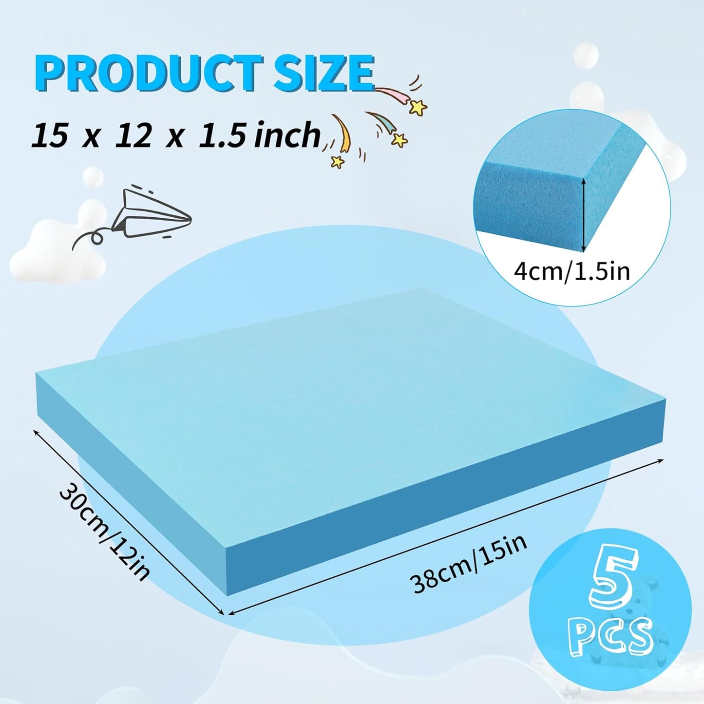 LuckyFoam Blue 5 Pack 15x12x1.5 inch Foam Sheets 1.5 Inch Thick Polystyrene Rectangles XPS Foam Board Craft for Insulating DIY Modeling Art Supplies