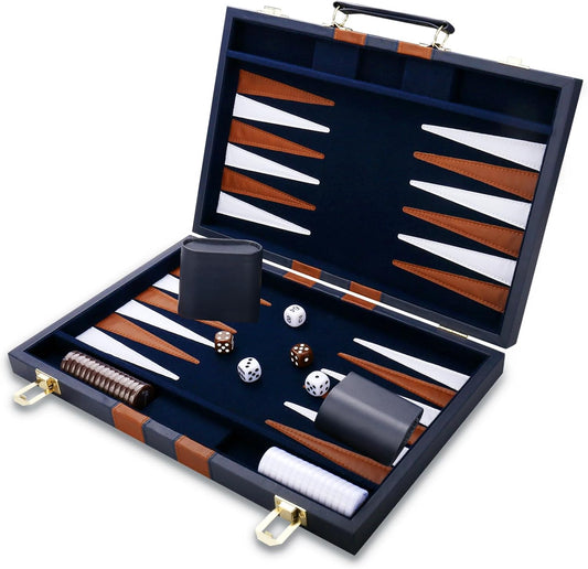 Backgammon Set - Classic Board Game with Premium Leather Case - Portable Travel Strategy Backgammon Game Set for Adults, Kids - Suitable as (18inch, Navy)
