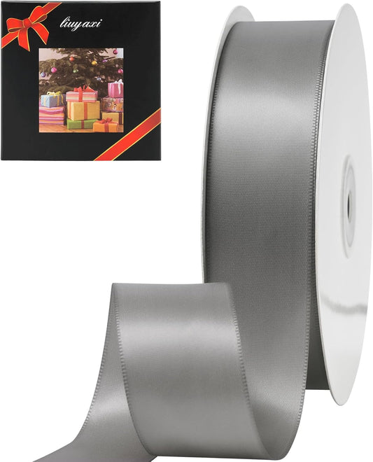 LIUYAXI Silver Stain Ribbon, 1-1/2" X Continuous 50 Yards, Double Faced Fabric Ribbon Perfect for Gift Wrapping Wedding Birthday Party Chair Sash Christmas Hair Floral Craft Sewing