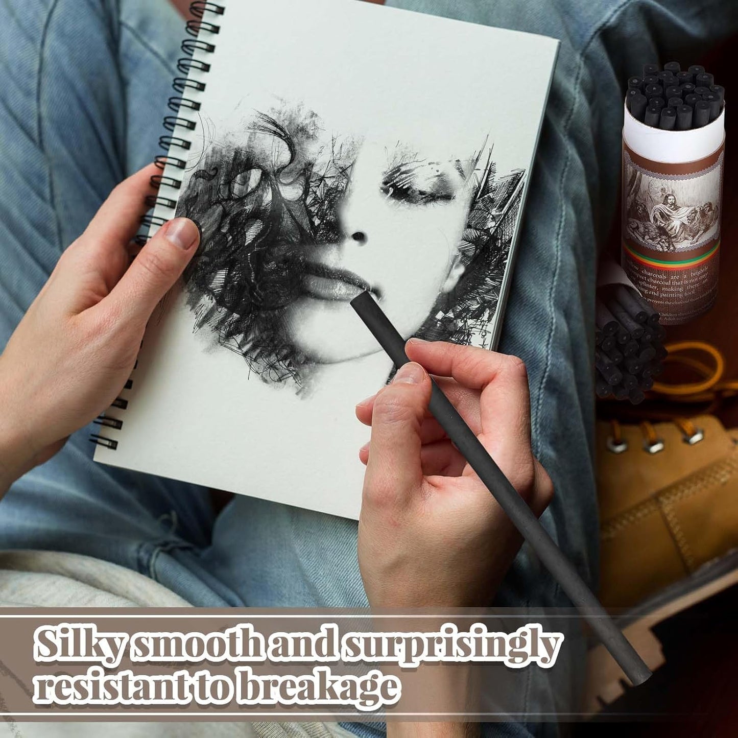 Gueevin 50 Pcs Willow Charcoal Sticks, Willow Charcoal, Artists, Beginners, Students, Perfect for Sketching, Drawing, Shading, and Fine Art Christmas Gifts for Art (7-9mm)