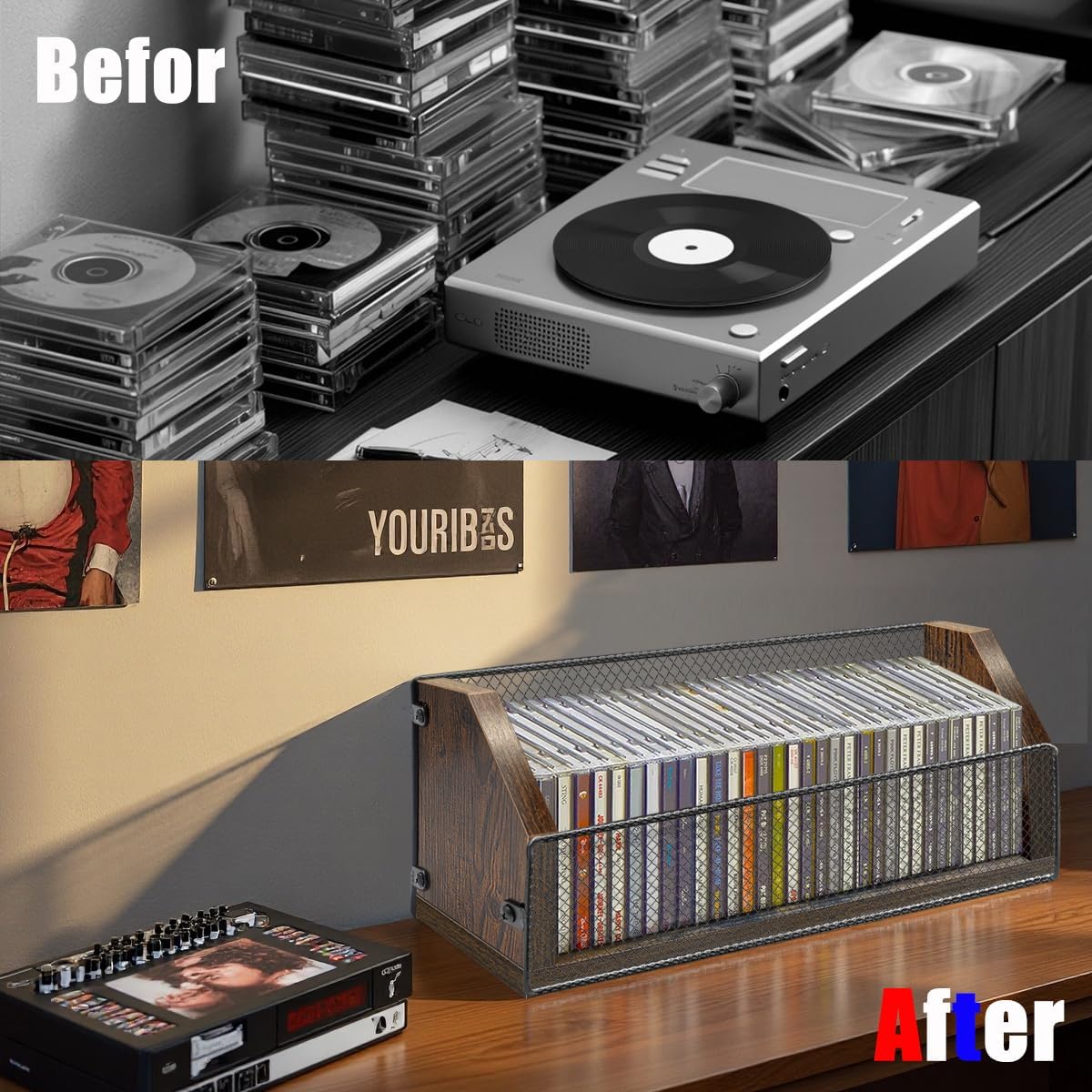 CD Storage Holder CD Case, Wooden CD Organizer Rack, Retro-style CD Rack Shelf Holds Up 32 CDs, Perfect Ideal for Storaging CDs and CD Jewel Cases on Destop or Cassette
