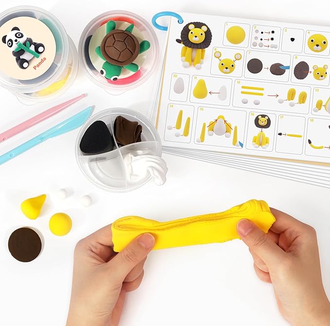 Air Dry Clay Kit for Kids, 12 Animals Modeling Clay with Tutorial Cards & Video, 8 Sculpting Tools, Ultra Light, Safe & Non-Toxic, Arts and Crafts Toys Christmas Gifts for Boys Girls
