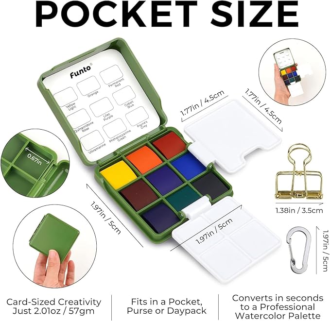 Funto Mini Watercolor Travel Set, Travel Artist Outdoor Sketch Kits with 2 Foldable Palettes, Portable Leather Case and Metal Clip, Kit for Art Lovers