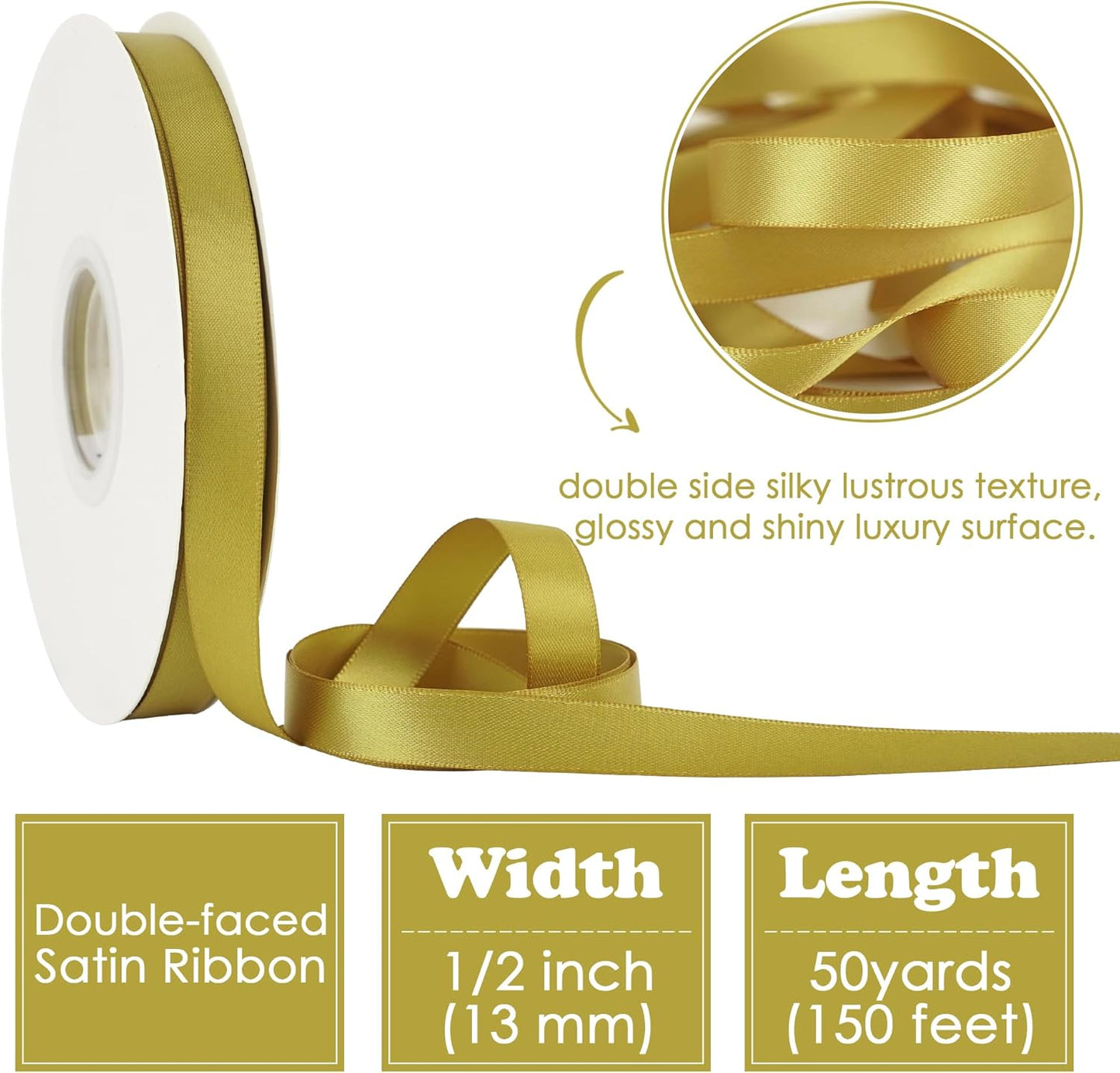 HUIHUANG Gold Satin Ribbon 1/2 inch X 50 Yards Continuous, Golden Double-Faced Satin Ribbon for Gift Wrapping, Bows, DIY Crafts, Flower Bouquet, Wedding Bridal Shower Decor, Hairs