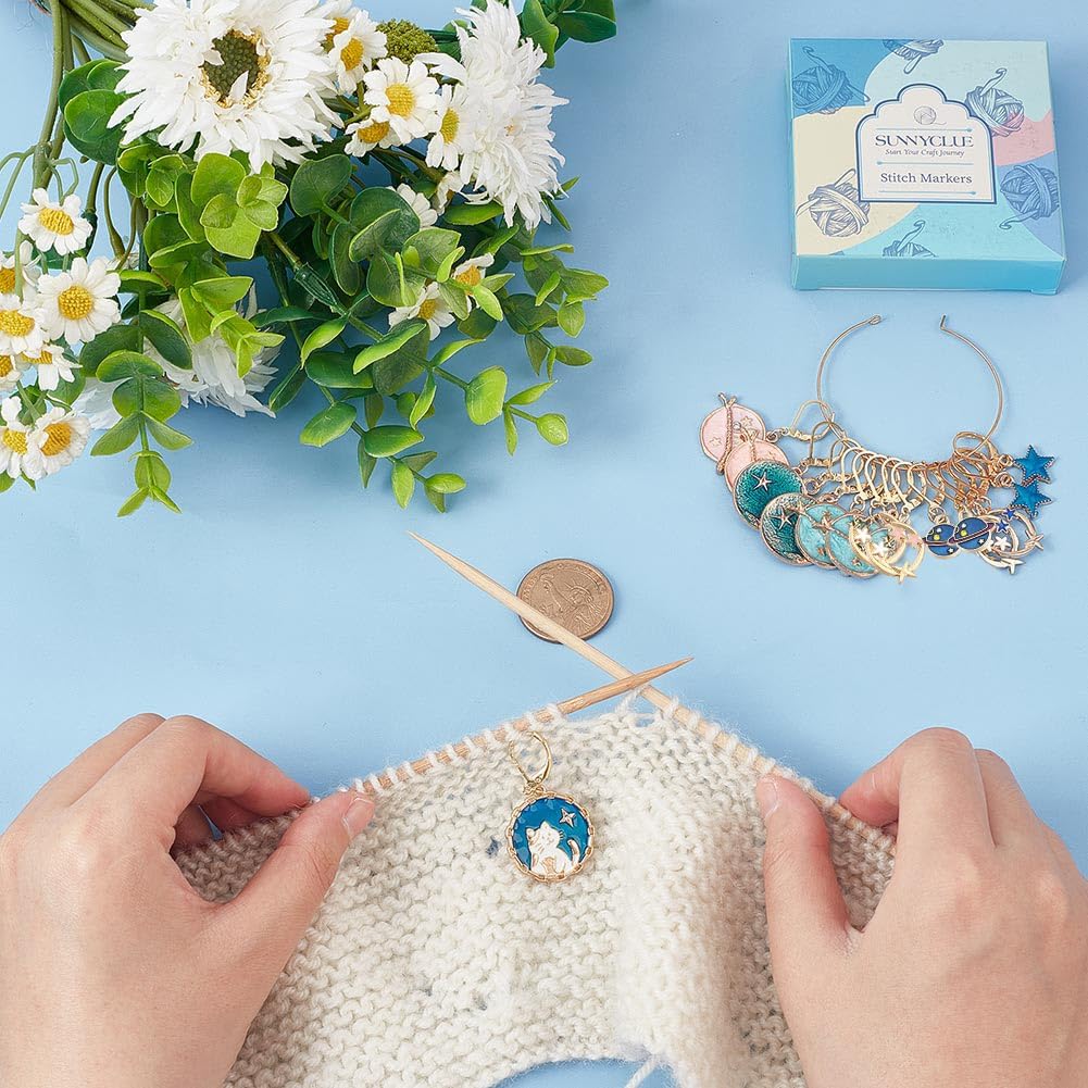 SUNNYCLUE 1 Box 20Pcs Stitch Markers Crochet Stitch Marker Cute Planet Moon Star Enamel Charms Clip On Removable Lobster Clasp Zipper Pull Charm Locking Knitting Markers for Weaving Sewing Quilting