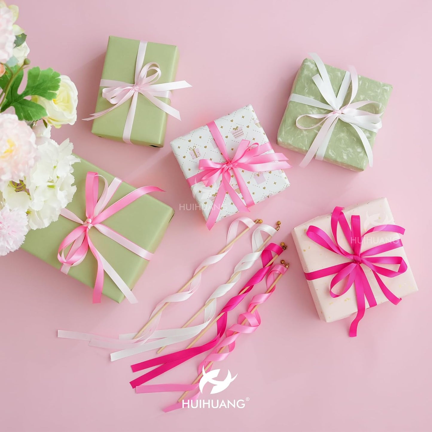 HUIHUANG Pink Satin Ribbon 1/2 inch X 50 Yards Continuous, Baby Pink Double-Faced Satin Ribbon for Gift Wrapping, Bows, DIY Crafts, Flower Bouquet, Bridal Shower Wedding Decor