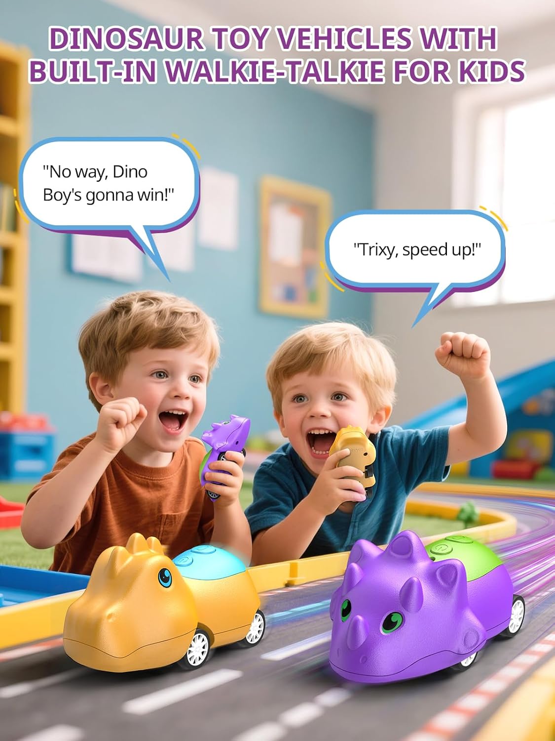 Dinosaur Walkie Talkies for Kids Rechargeable, Dino Toy Cars for Boys & Girls Ages 3-7, Crystal-Clear Audio, 48 Hours of Play, Fun Indoor & Backyard, Birthday Gift for Toddler, 2 Pack