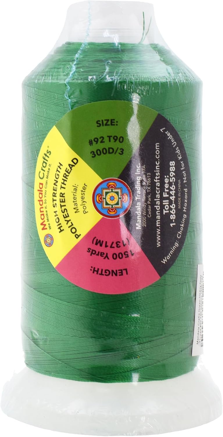 Mandala Crafts Green Heavy Duty Thread -1500 Yds Tex 90 Thread for Sewing Drapery Jeans Leather Hair - Bonded Polyester Thread Outdoor Marine Upholstery Threads
