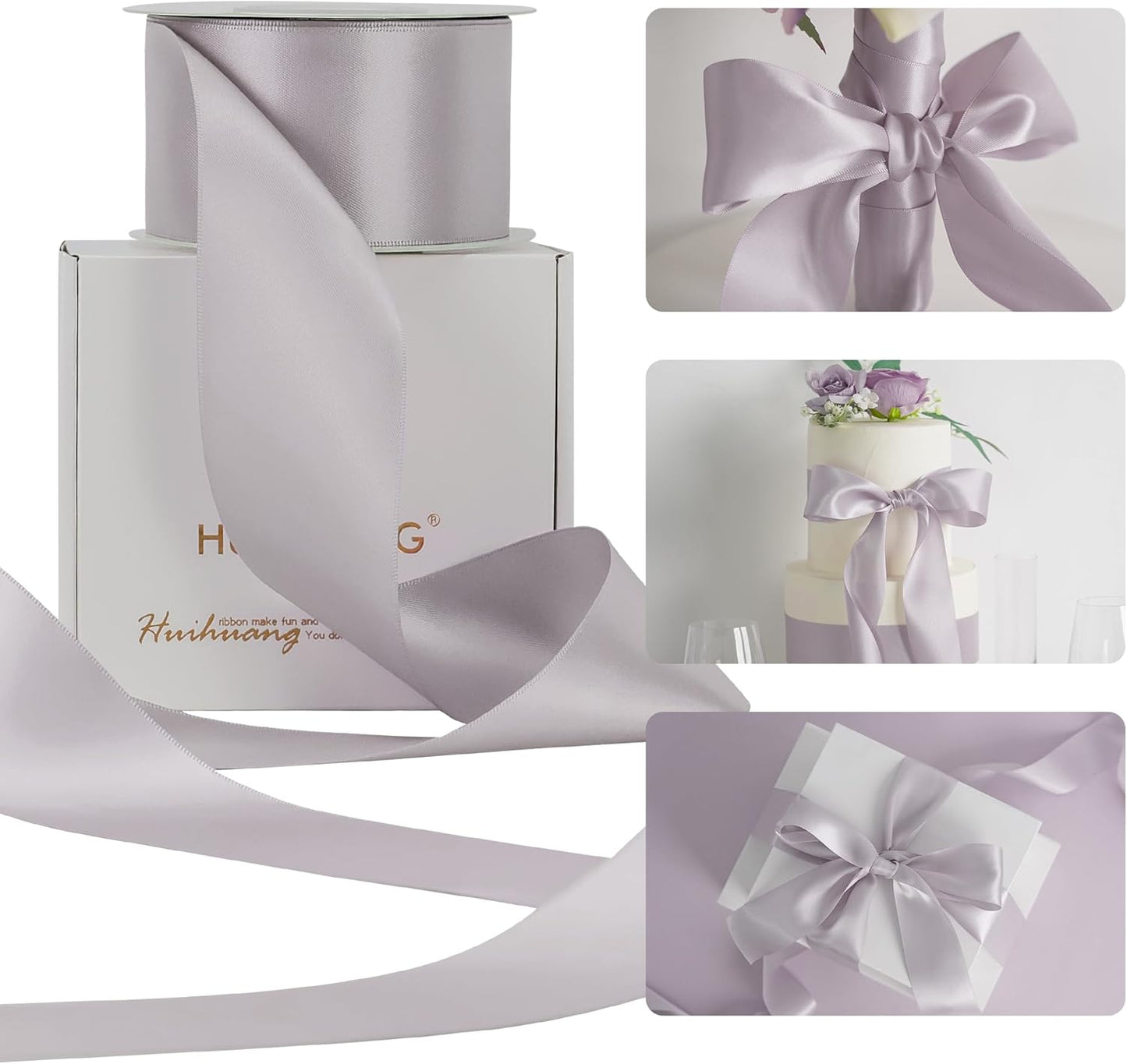 HUIHUANG Dusty Purple Ribbon 2 inch Wide Double-Faced Pastel Lilac Satin Silk Ribbon for Flower Bouquet Wrap, Gift Wrapping,Wedding Decor, Home Decor, Crafts and Bows Making- 25 Yards/Roll