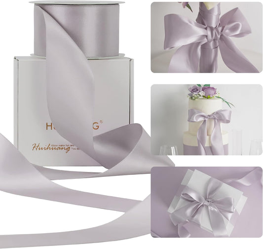 HUIHUANG Dusty Purple Ribbon 2 inch Wide Double-Faced Pastel Lilac Satin Silk Ribbon for Flower Bouquet Wrap, Gift Wrapping,Wedding Decor, Home Decor, Crafts and Bows Making- 25 Yards/Roll