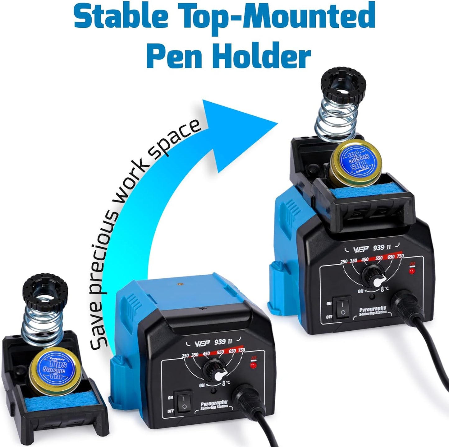 WEP 939-II Pyrography Station Wood Burning Kit 32-IN-1 with 20 Wood Burner Tips Comfort Pen with 2 Letter Number Stencils, 2 Unfinished Wood, 1 Pen Holder Woodburning Tools