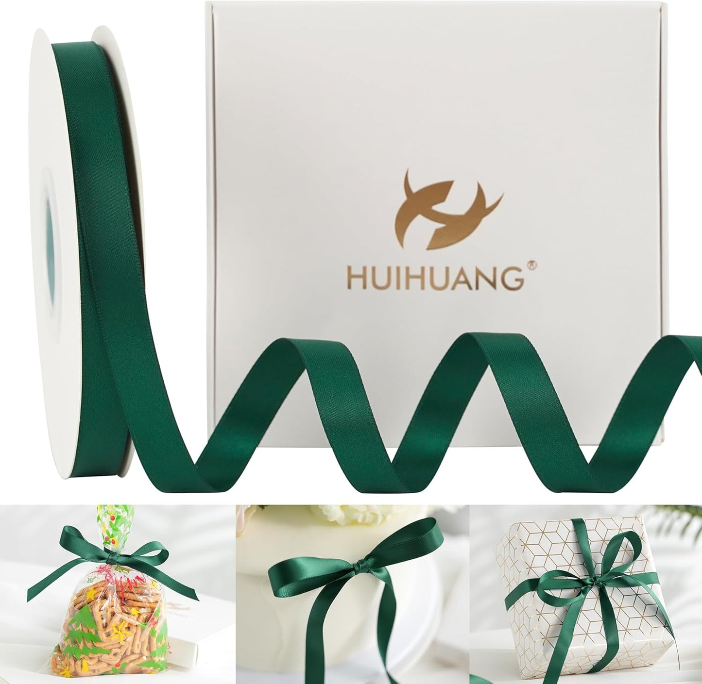 HUIHUANG Hunter Green Satin Ribbon 1/2 inch X 50 Yards Continuous, Dark Green Double-Faced Satin Ribbon for Gift Wrapping, Bows, DIY Crafts, Flower Bouquet, Wedding Decor, Christmas