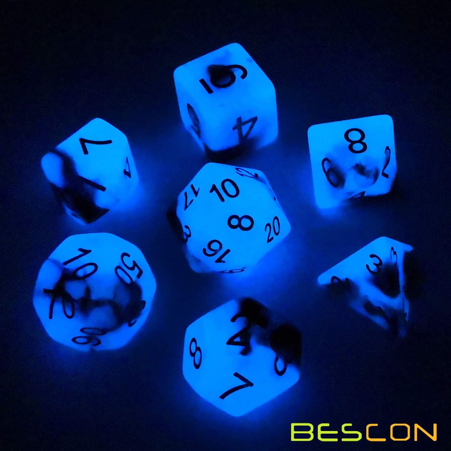 Bescon Two-Tone Glow-in-The-Dark Polyhedral Dice Set Blue Dawn, Luminous RPG Dice Set d4 d6 d8 d10 d12 d20 d% Brick Box Pack