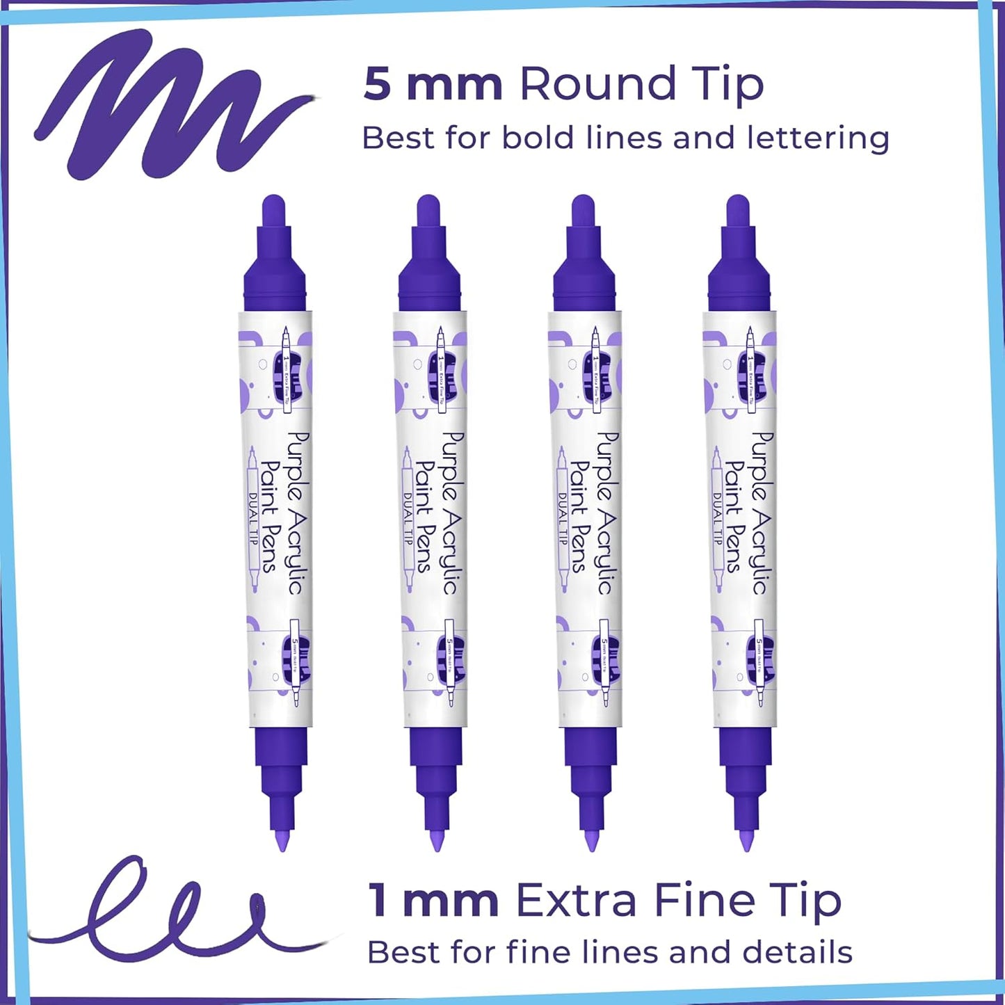 4 Dual Tip Purple Paint Pen Metallic - Fine Tip & Medium Acrylic Paint Markers - Purple Acrylic Markers for Metal, Wood, Rock Painting, Canvas, Ceramic, Glass, Fabric, Plastic - Water based Ink