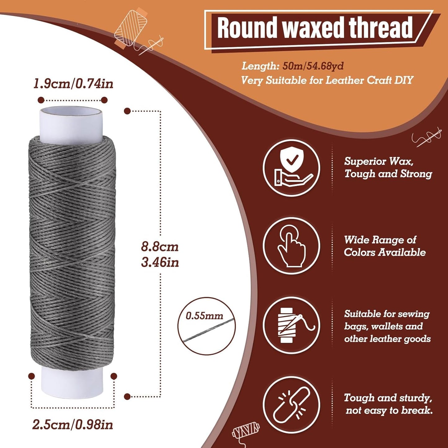 0.55 mm 54 Yards Round Waxed Thread, Waxed Thread for Leather Sewing String for Sewing, Stitching, Bookbinding, Bracelet, Braiding (Light Grey)