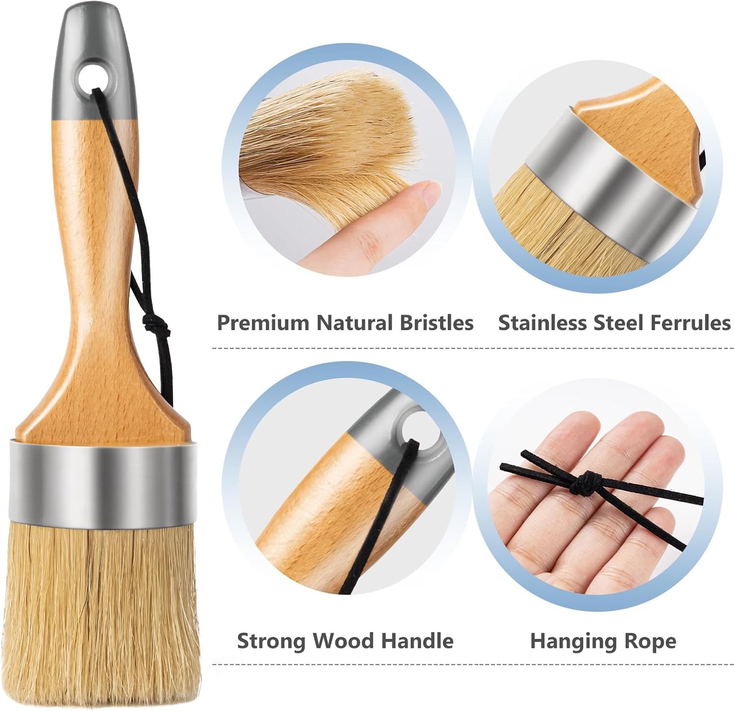 Mister Rui Chalk Paint Brushes, 3 Pack Wax Brush Set, Round Paint Brush Use with All Paints, Natural Bristle Brush for Painting, Stencils, Waxing, Home Decor, DIY Art Crafts